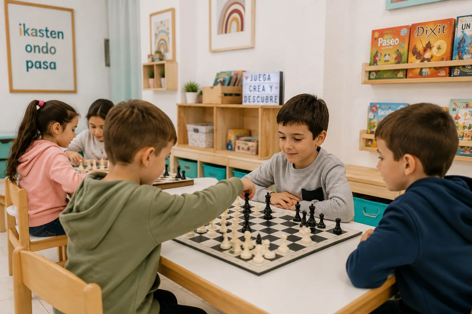 Niños y niñas jugando al ajedrez en La Tallerteka