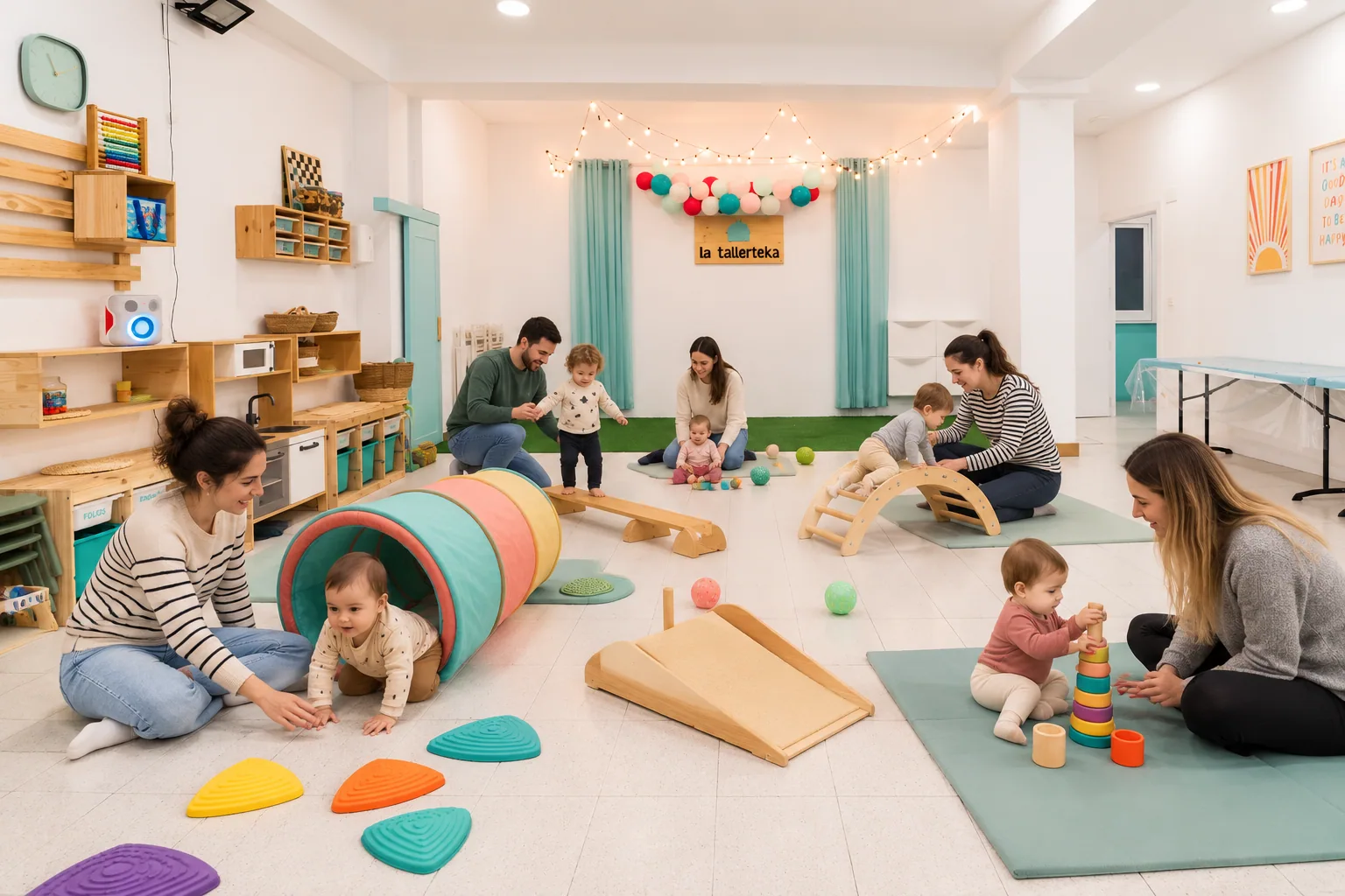 Bebés y peques explorando propuestas de movimiento acompañados por personas adultas en La Tallerteka